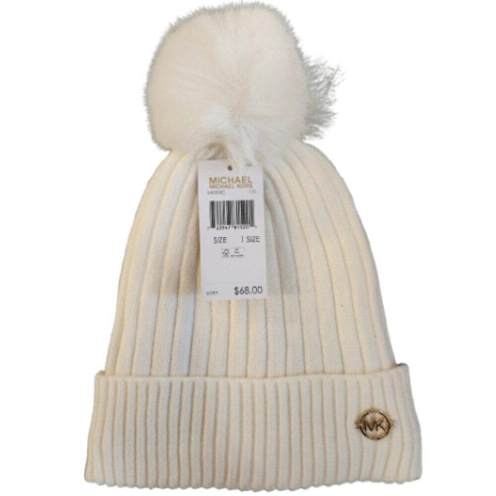 Michael Kors Women's Ivory White Pom Pom Ribbed Knit Cuffed Beanie Size OS